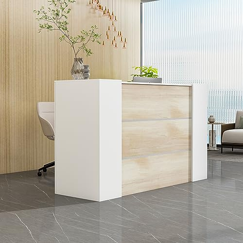 DEZAGCE Comptoir Secrétaire de Réception, Comptoir d'accueil réglable, Couleur Bois et Blanc, 180X60X110cm