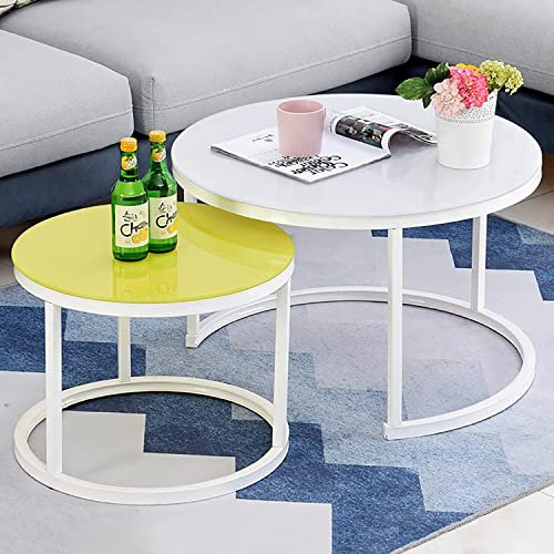 Table gigogne Ronde, Ensemble de 2 Tables Basses gigognes de Style Simple, Table d'appoint Moderne en Verre trempé, Cadre en Acier Robuste, pour Salon, Bureau, Balcon