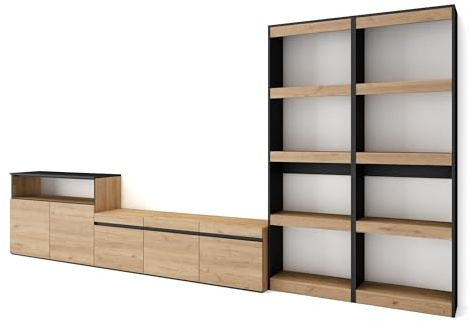 Skraut Home | Wohnwand Wohnzimmer | Wohnzimmermöbel, Möbelset | 370x186x35cm | Für TV-Geräte bis zu 65 | Wohnzimmer Möbel | Moderner Stil | Eiche Schwarz