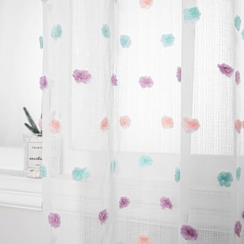 MYSKY HOME Gardinen mit Ösen Vorhang Kinderzimmer Voile Vorhänge Modern für Kinderzimmer Regenbogen Gardine Sticken Halbtransparent Raumteiler Schiebevorhang Wohnzimmer 2er Set Farbig H 225 x B 140 cm