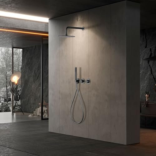 IMEX - Douche encastrée noire thermostatique | Kit de robinetterie encastrée avec douchette et pommeau anticalcaire effet pluie | Colonne de douche encastrée avec robinet en laiton et acier inoxydable
