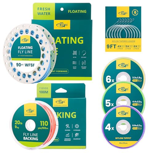 SF Fly Fishing Floating Line Starter Kit Sky Blue 90FT WF5F with Welded Loop, Backing, Tapered Leader, and Tippet Replacement for Freshwater.