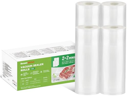 Bonsenkitchen Sacchetti Sottovuoto per Alimenti, 2 Rotoli 20 x 500cm+2 Rotoli 28 x 500cm, per Conservazione Sottovuoto Degli Alimenti e Cottura Sous Vide, Senza BPA, VB42