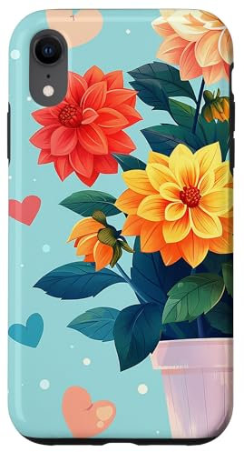 iPhone XR Dahlia Plant In Pot Cottagecore Hearts Graphic Case