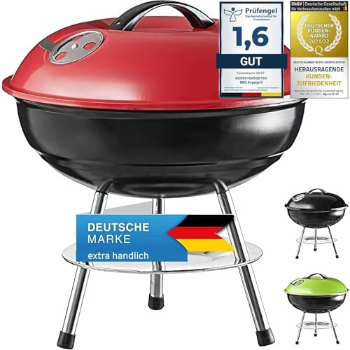 GOODS+GADGETS® Kugelgrill klein 38cm, kompakter Mini Campinggrill Rot | Perfekt mobil grillen, regelbare Luftzufuhr, emaillierter Reise Holzkohle-Grill, roter Edelstahl Tischgrill, 38x40cm BBQ