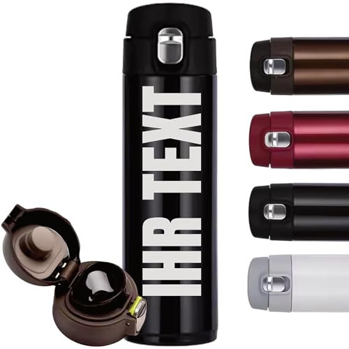 Gravierte Personalisierte Trinkflasche mit Verriegelung 500ml Thermoskanne, Thermobecher-flasche in einem, aus Edelstahl für unterwegs für Kaffee und Tee, schule, uni, thermoflasche