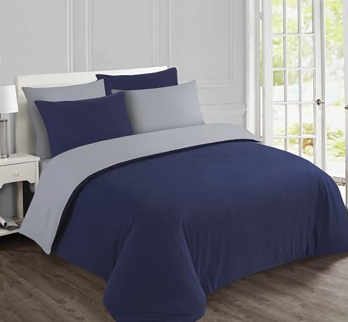 Vision - Parure de lit Réversible - 100% Coton Flanelle - Bleu/Gris - Set de Housse de Couette 240 x 220 cm avec 2 taies d'oreiller pour lit 2 Personnes - Flanelle: Doux et Chaud - Oekotex