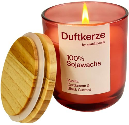Candloosh Vanille, Kardamom & schwarze Johannisbeere Duftkerze, 100% natürliches Wachs, 45 Stunden Brenndauer, 200 g Glasgefäß, Geschenk für Frauen