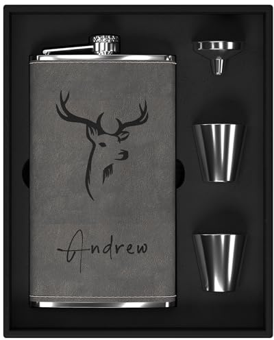 Flasque a Alcool Personnalisé, Flasque Whisky en Inox 304 12oz/355ml Personnalisable avec Motif de Cerf, Fiole Alcool Personnalisé pour Cadeau Homme (Gris)