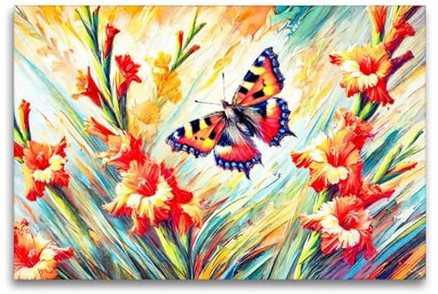 CALVENDO Premium Textil-Leinwand 120 x 80 cm Querformat Kleiner Fuchs an Gladiolen in Ölmalerei | Wandbild, HD-Bild auf Keilrahmen, Wanddekoration, Kunstdruck von Anja Frost