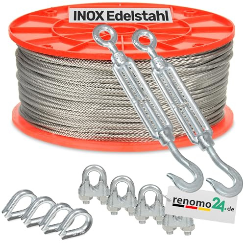 Renomo24 Edelstahlseil Set 4 (6mm 7x19) - 25m, 2x Spannschloss Haken/Öse, 4x Bügelklemmen, 4x Kauschen / V4A / AISI 316 (INOX)