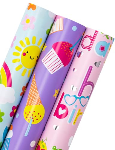 Ruspepa flickor födelsedag omslagspapper rulle – 3 rullar – 43,2 cm x 3,05 m vardera – färgglad födelsedagsdesign för barn, babyshower