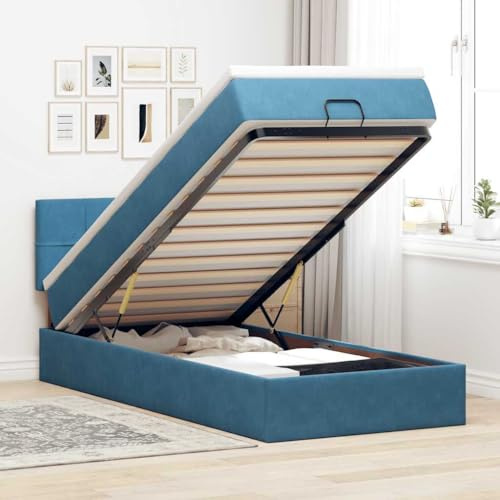 IKAYAA Boxspringbett 100x200 mit Matratze und Bettkasten Boxspringbett mit Stauraum Polsterbett 100x200 mit stauraum Bettgestell mit Lattenrost-Dunkelblau-100 x 200 cm