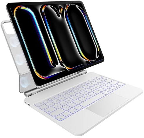 pankeybd ‌Étui Clavier pour iPad Pro 11 Pouces M5 2025 & M4 2024, Rétroéclairage 7 Couleurs, Pavé Tactile Multi-Touch, Conception Magnétique Flottante, AZERTY,Blanc