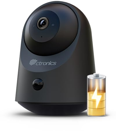 Ctronics 2K 3MP Caméra Surveillance Intérieure sans Fil Batterie, Vision Nocturne Infrarouge 20 m, Accès App/PC, Stockage FTP/TF 128Go/Cloud, Détection PIR, 360° PTZ, Audio Bidirectionnel, 2,4GHz WiFi