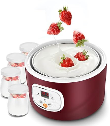 GXGSDM Yogurtera eléctrica automática Multifuncional, con Temporizador y Pantalla LCD, fermentación a Temperatura Constante, con Olla de Acero Inoxidable de 1 l y 4 Vasos de Vidrio.