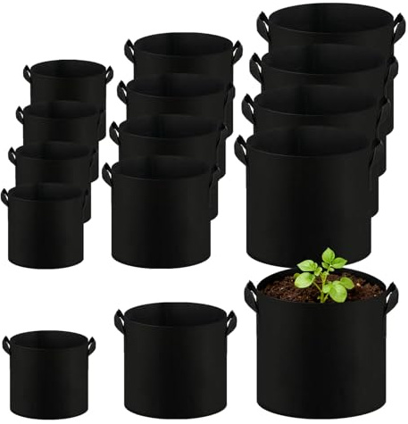 CHUENHEI 15 Stück Stofftöpfe Set, 11L 18L 27L Stofftopf Pflanzsack, Grow Töpfe Pflanzsack aus Vliesstoff, Pflanzbeutel Schwarz für Tomaten, Kartoffeln, Gemüse, Blumen