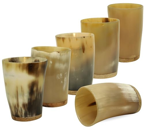 Viking Trinkhorn-Becher, Set mit 6 authentischen Ochsenhorn-Schnapsgläsern, 90 ml, handgefertigte nordische Trinkgefäße, Naturhornbecher, Wikinger-Tassen für Met
