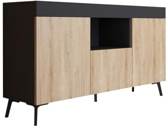 MB Muebles Bonitos | Aparador bajo Kai con 3 Puertas para Salón Comedor Moderno | Mueble de Melamina Mate | Color Negro y Sonoma | 130x70x32,5 cm