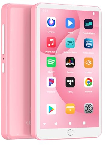 Lettori MP3 144GB con Bluetooth WiFi, lettori MP4 da 2000mAh con schermo touchscreen da 4” e altoparlante, lettori musicali MP3 con sistema operativo Android 13, Spotify, Audible, Play Store (Pink)
