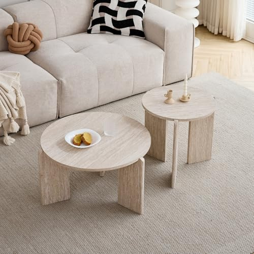 GrandCA HOME Juego de Mesa de Centro de 2 Piezas, Moderna Mesa Auxiliar Nórdica de Tres Patas, Material de Tablero MDF, para Sala de Estar, Dormitorio (Travertino Amarillo)