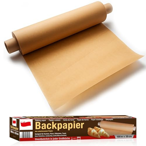 SULENO Backpapier Rolle, 38 cm x 100 m, 100 m - 1 Rolle | Antihaftbeschichtet, Hitzebeständig bis 220 °C, Beidseitig Silikoniert, Naturbraun