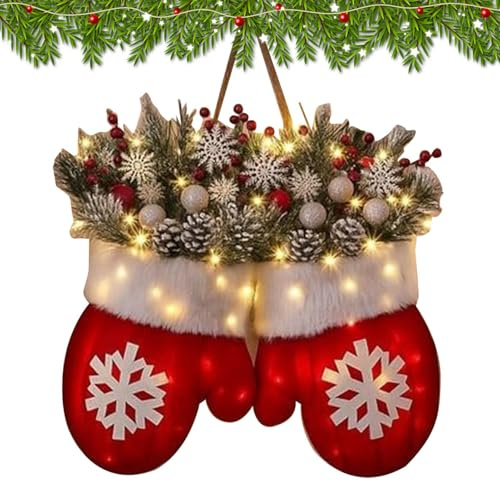 Weihnachtskranz Handschuhe Mit LED Licht Samt 30x40cm Türkranz Weihnachten Beleuchtet, Weihnachtskränze Für Haustür, Christmas Türkranz Mit Roten Beeren Tannenzapfen Zweigen Für Fenster Kamin Terrasse