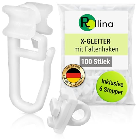 Rollina Gardinenhaken Set für 6 mm Schienen | X-Gleiter + 6 Anti-Rutsch Stopper | Vorhanghaken | Gardinengleiter für 6mm Laufkanal | Made in Germany