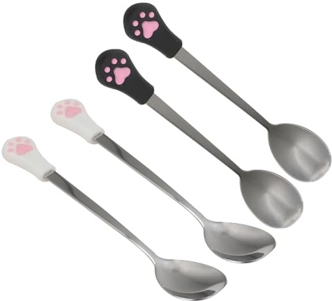 KAJNBN Dog Cat Food Spoon 4 Pieces Stainless Steel Soft Silicone Grip, Suitable for Pet Feeding