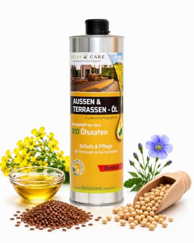 HeliaCARE Terrassenöl Farblos - Bio Outdoor Holz Öl aus Deutschland 750ml | Premium Holzpflegeöl Außen aus BIO Ölsaaten: Tiefenwirksame Pflege für natürlich schöne Holzoberflächen im Garten