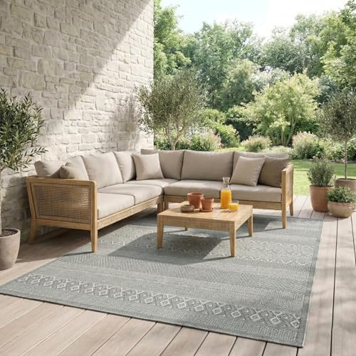 Mia´s Teppiche Denver robuster Outdoor Teppich, modern, Wetterfest & UV-beständig, für Balkon, Terrasse und Wintergarten, flach, auch für Küche oder Esszimmer, Grau, 80 x 150 cm