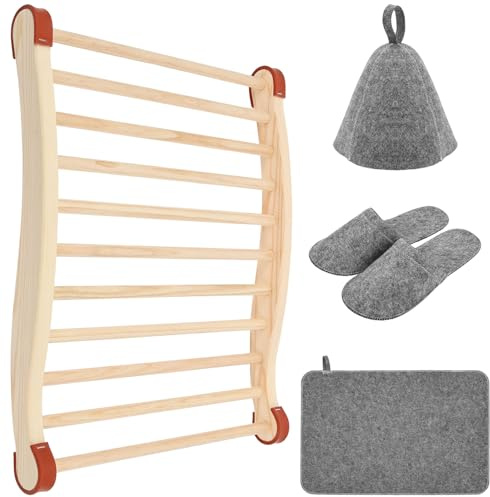 BOBASH Sauna Backrest Accessory Wooden Slip Resistant Comfortable S Shape Design Sauna Chair with Felt Hat Seat Pad and Slipper for Home Spa and Gym