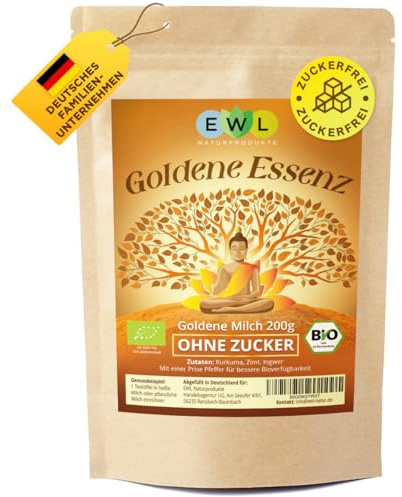 EWL BIO Goldene Milch 200g | Ohne Zucker Kurkuma Latte Pulver | Golden Milk | mit Ceylon-Zimt, Ingwer & schwarzem Pfeffer für optimale Bioverfügbarkeit | Ayurveda Gewürzmischung vegan & ungesüßt
