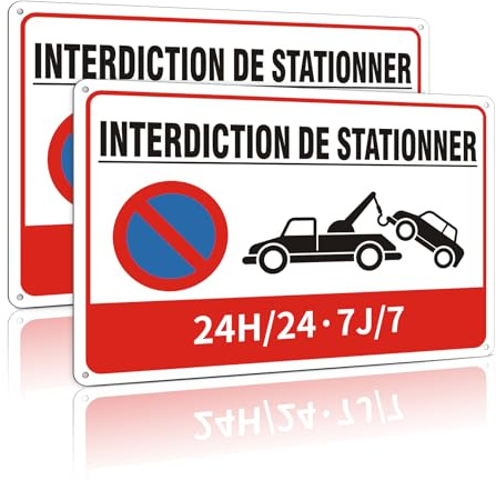 2 Pièces Panneau Interdiction De Stationner Aluminium, 24h/24 7J/7 Enseigne,Enseigne MéTallique RéFléChissante,30x20cm With Pre-Drilled Holes，Etanche, Protection Uv,Facile à Installer