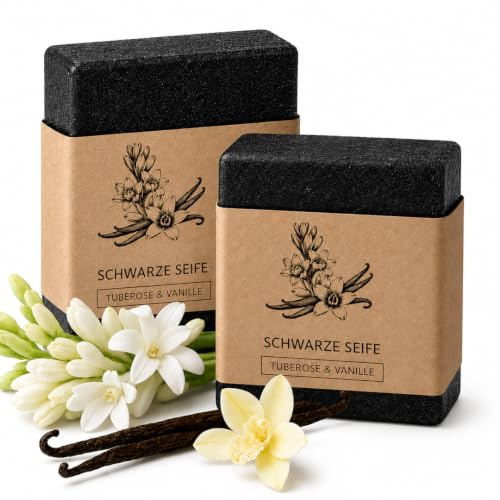 TBS handgemachte Naturseife Schwarze Seife für Frauen mit Ziegenmilch, Sheabutter, Honig, Tuberose und Vanille – 2 x 100 g – für Akne und fettige Haut mit Aloe Vera, Ashwagandha und Grüntee