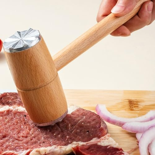 NiuLumea Batticarne in metallo con manico in legno, martello batticarne in lega di alluminio per bistecca manzo pollo, struttura su entrambi i lati