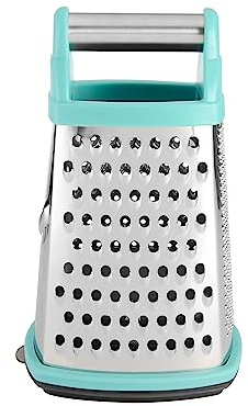 KitchenAid Gourmet 4-Sided Stainless Steel Box Grater for Fine, Medium and Coarse Grate, and Slicing, Detachable 3 Cup Storage Container and Measurment Markings, Dishwasher Safe, 10 inches tall, Aqua