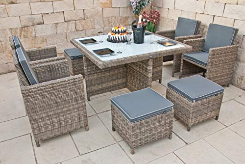 Ragnarök PolyRattan - DEUTSCHE Marke - EIGENE Produktion - 8 Jahre Garantie - Gartenmöbel Essgruppe Tisch 4 Stuhl Hocker 12 Polster Grau Rostfrei Aluminium Natur Dining Würfel Glas