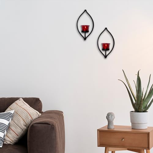 Hosley® Metal Red Glass Tealight Candle Holders| Wall Sconce Candle Holders| Hanging Wall Mounted Holders| Perfect for Home Decor, Dining Room, Bedroom| Pack of 2, with Pack of 2 Tealights(Black)