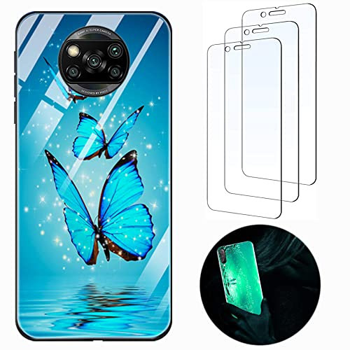 Luminosa Funda para Xiaomi Poco X3 Pro/X3 NFC/X3 [3X Protector de Pantalla] Carcasa Xiaomi Poco X3 Pro Silicona TPU y PC Cristal Proteccion Antigolpes Noctilucent Fluorescente Case Mariposa