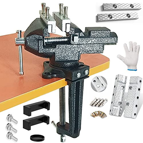 MYTEC Schraubstock oder Tischschraubstock, Multifunktionsbacke, multifunktionaler kombinierter Schraubstock mit Schnellverstellung, universell drehbarer 360°-Arbeitsschraubstock zum Anklemmen, 8,4 cm,