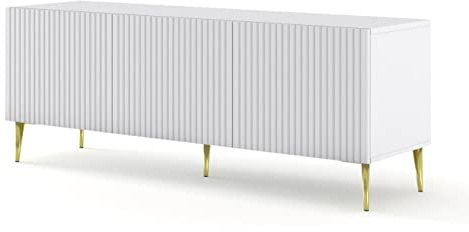 BIM Furniture TV-Schrank Ravenna B 150 cm 3D mit gefräster Front Hochwertiges MDF Metallbeine Lowboard Schrank Sideboard Kommode Fernsehtisch (Weiße Matte, goldene Beine)