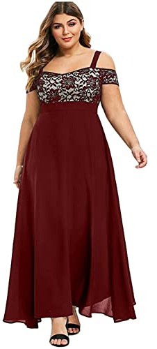 Vasreyy Damen Spitzenkleid Elegant Wollkleid Damen Winter Hippie Kleid Damen Chiffon Spitze Kalte Schulter Kleider Hohe Taille Ballkleider Lang Kurzarm A-Linie Abendkleid Tüll Kleid (Wein,3XL)