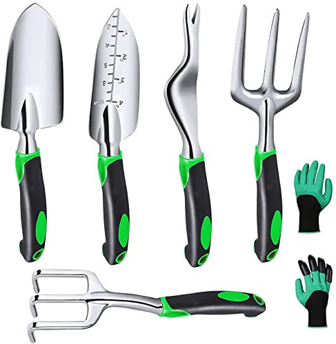 5 Piece Gardening Tools Set, Heavy Duty Aluminum Garden Hand Tool Kit with Ergonomic Handles, Gardening Gifts for Women & Men, Including Garden Trowel, Transplanted, Cultivator, Weedier, Weeding Fork