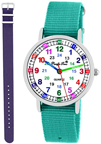 Pacific Time Kinderuhr Lernuhr Mädchen Einschulung Geschenk-Set | 2 Wechselarmbänder, 12/24-h-Lernzifferblatt und 5 ATM wasserdicht. Geschenk zur Einschulung, Geburtstag oder Weihnachten.