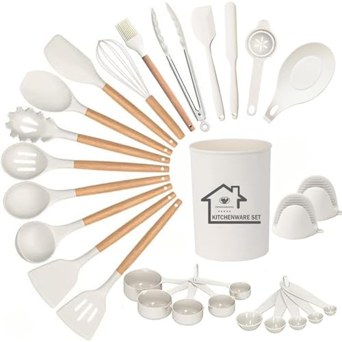 UXIYI Silikon-Küchenutensilien-Set, 28-teiliges Küchenutensilien-Set, Küchenzubehör für antihaftbeschichtetes hitzebeständiges Utensilien-Set, Küchenhelfer und Gadgets, Weiß
