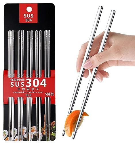 5 Paar Edelstahl Essstäbch, Metall-Essstäbchen Wiederverwendbar,Anti-Rutsch | Anti-Rutsch Sushi Stäbchen Spülmaschinenfest, Japanische Essstäbchen, Metall-Essstäbchenset Personalisiert Geschenk (Silber)