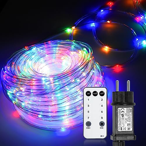 Cecaylie Lichterschlauch 30 m 300 LEDs Bunt mit Fernbedienung und Timer | PVC-Schlauch Ø7mm, IP65, 360°. 4 Helligkeiten, Memory. Timer 6/18h. Für Garten, Balkon, Party. Inkl. Controller.