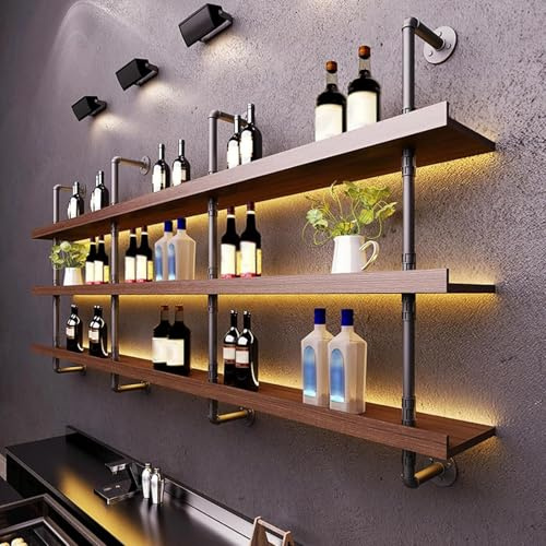 Enoteca Galleggiante A Parete in Legno/Mensole da Muro Mensole da Muro Portabottiglie/espositore Industriale da Bar Con Luce LED, Scaffali da Cucina per Liquori, Portabottiglie di Vino (120*22*120CM)