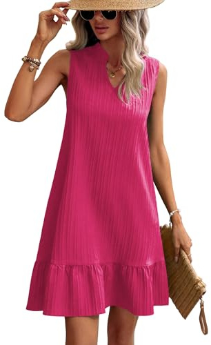 Zeagoo sommarklänning damer ärmlös v-ringad t-shirt volangklänning strandklänning lätt kort fritidsklänning blommiga klänningar, magenta, L